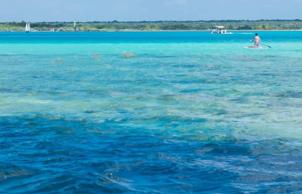 Several different shades of blue in a lake.