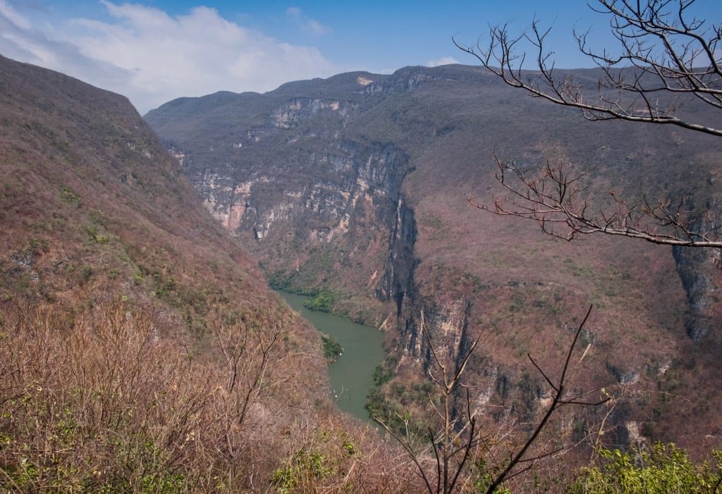 A view of the canyon from above, a green river snaking through it.