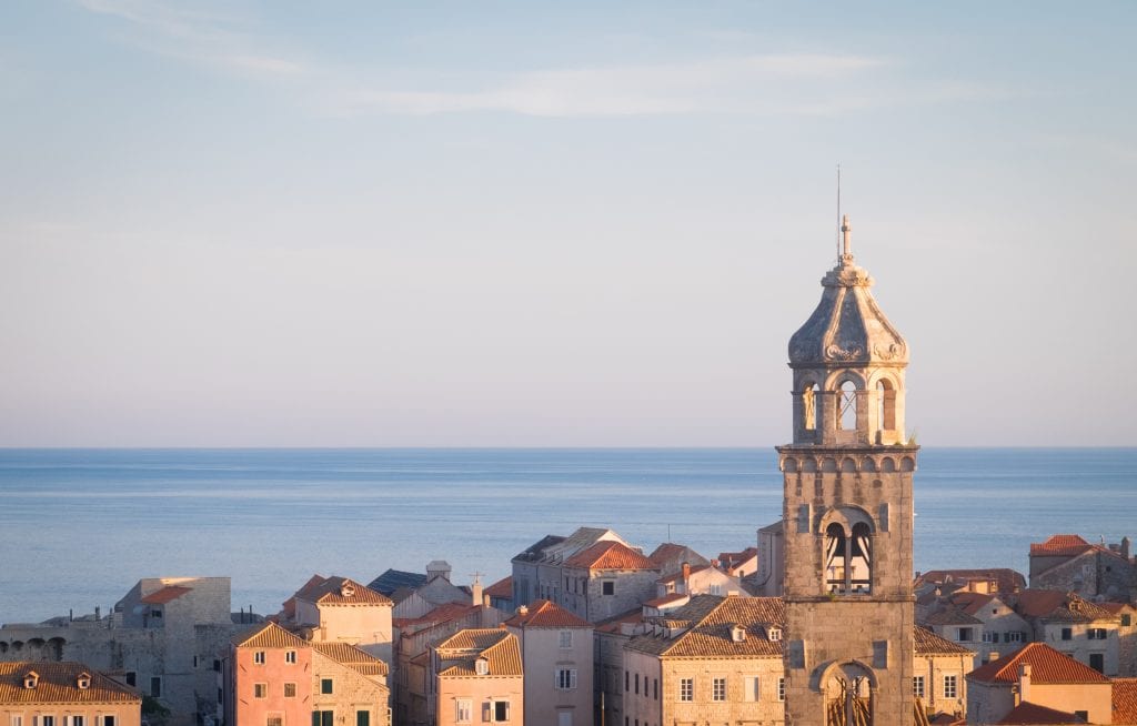 View of the rooftops in the Old City of Dubrovnik looking out over the sea