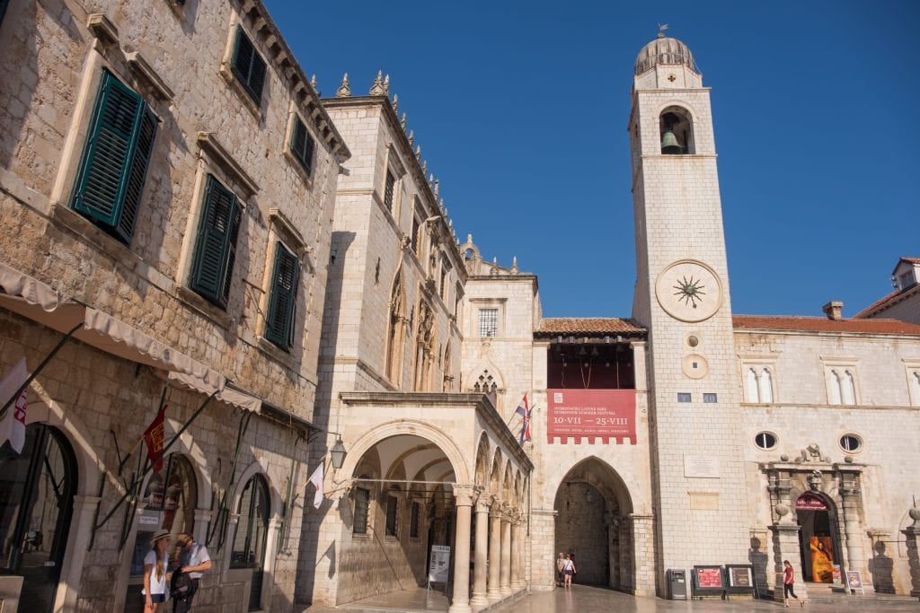 Ancient buildings, archways and a bell tower in the Old City of Dubrovnik, Croatia