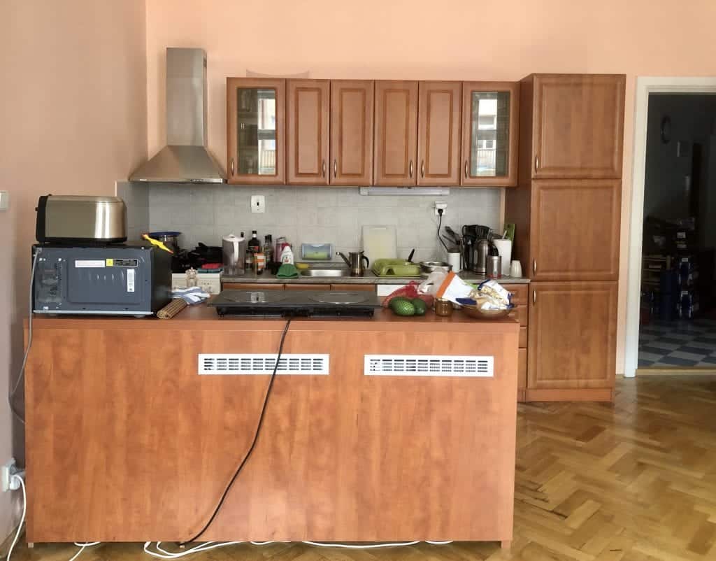 View of kitchen: kitchen cabinets in background, island in foreground topped with an induction stovetop and other appliances.