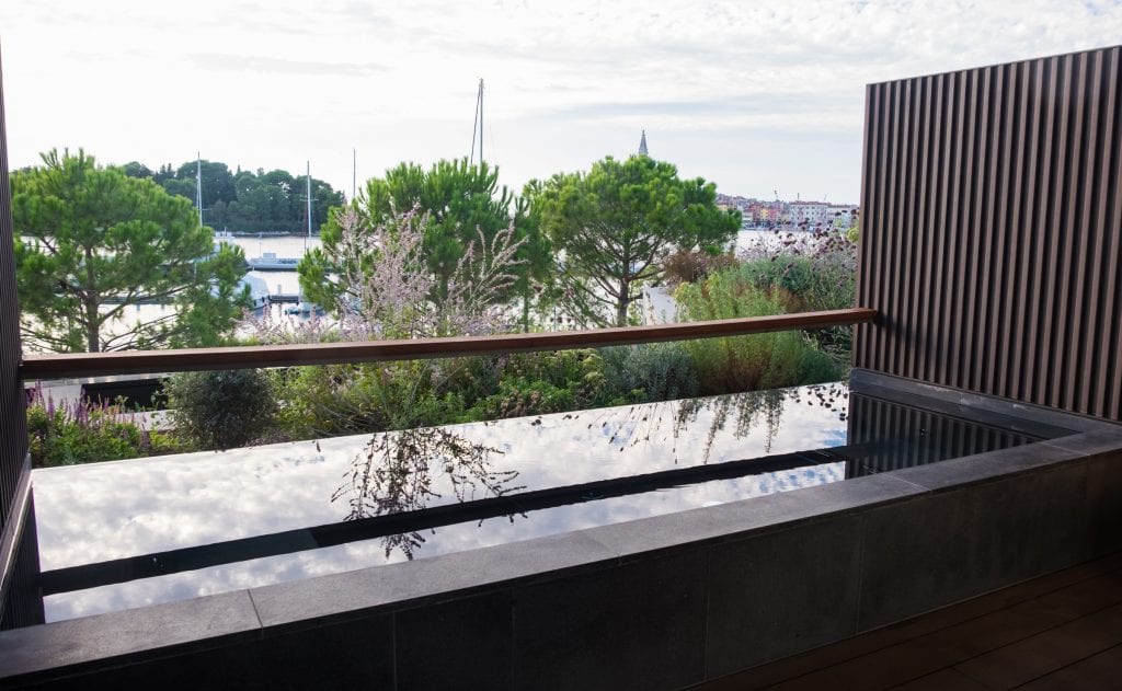 A balcony featuring a small plunge pool, blocked from the public by foliage.