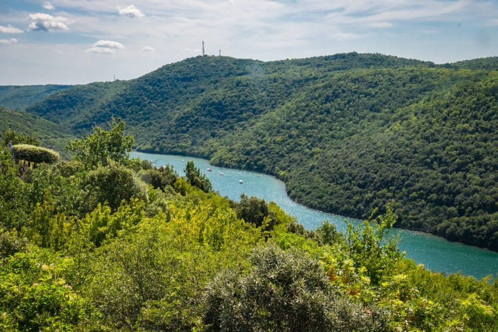 The bright teal Lim Channel, a fjord running through green hills.