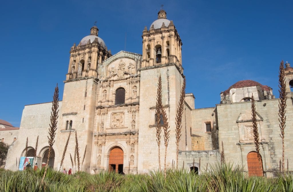 The brown stone Templo Santo Domingo Church with its towers, rising behind wild greenery and what looks like weeds.