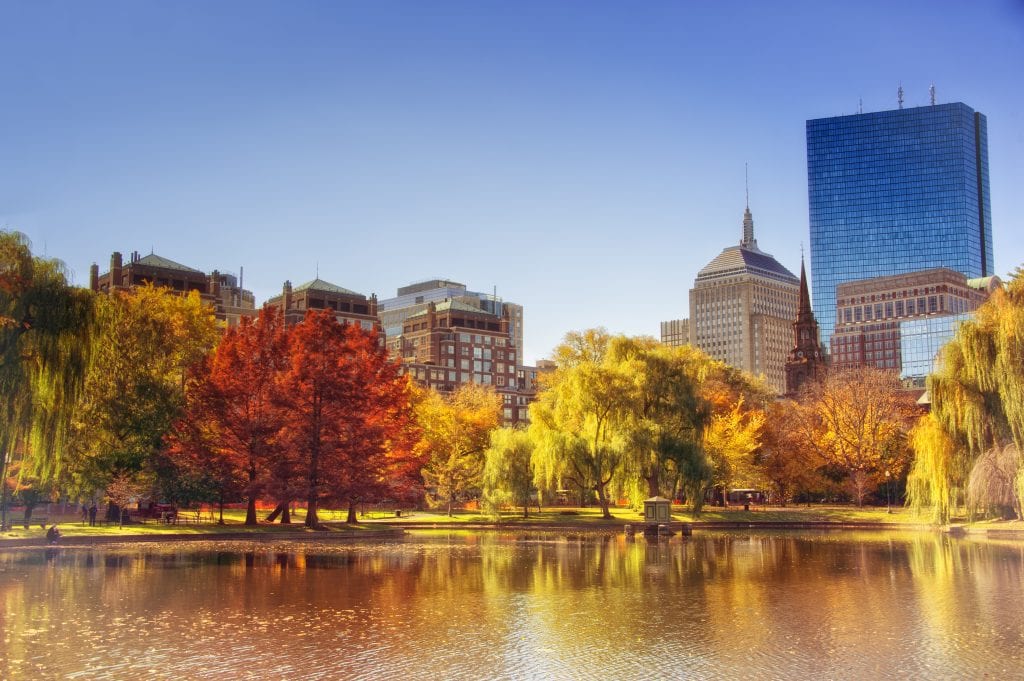 boston trip in october Boston's public garden in the fall: you see the pond surrounded by red, orange, and yellow trees, skyscrapers in the background.