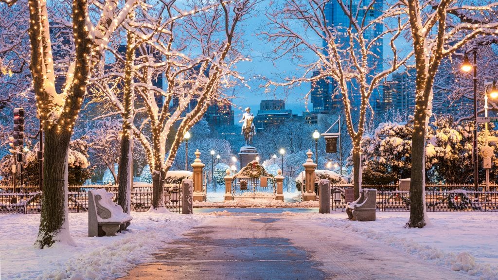 Boston's public garden on a snowy evening, snow blanketing trees and a statue of George Washington on a horse.