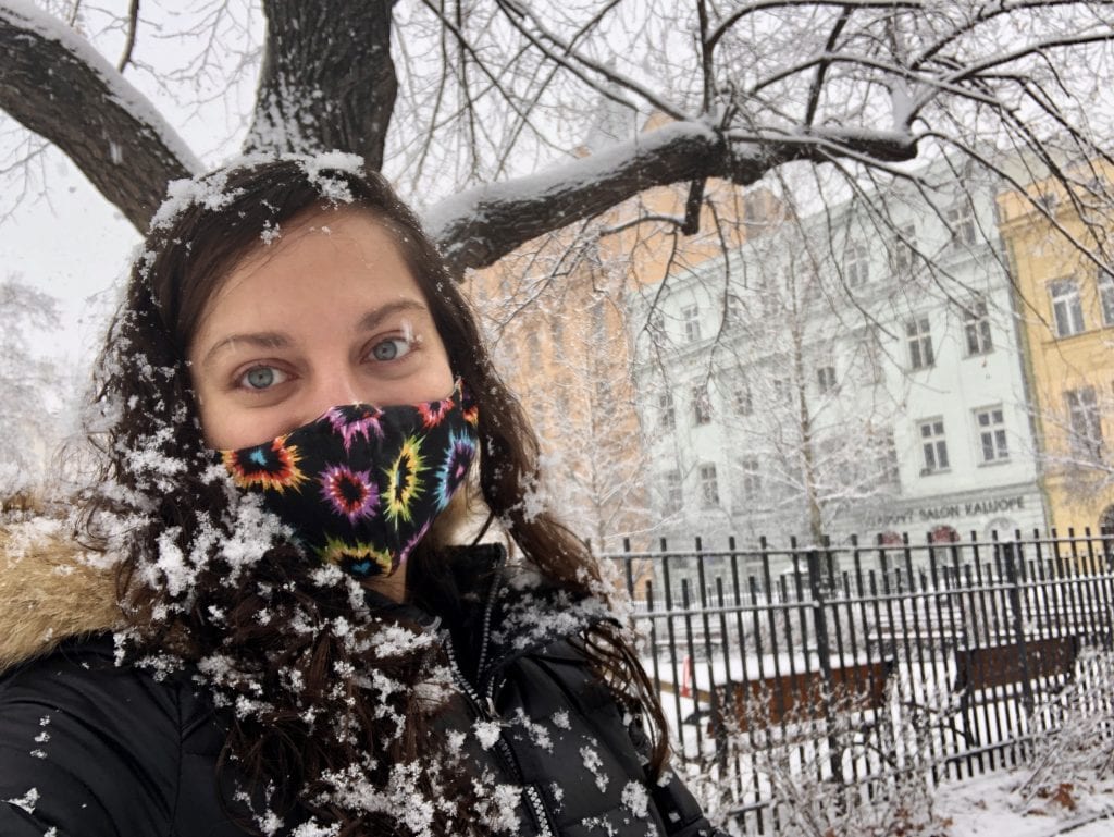 Kate poses for a selfie in a snowstorm with giant flakes in her hair and on her black jacket. She wears a black face mask with multicolor hearts on it and smiles. Behind her are a tree covered with snow, some park benches, and pastel orange, green, and yellow homes in the distance.