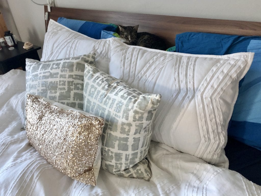 Kate's bedding: two white shams with a zig zag pattern, matching the duvet, then two silver and white shiny pillows, then a champagne-colored sequin pillow in front. Behind the pillows are mismatching blue sleeping pillows. On top of one of the pillows is Lewis the cat, narrowing his eyes at the camera.