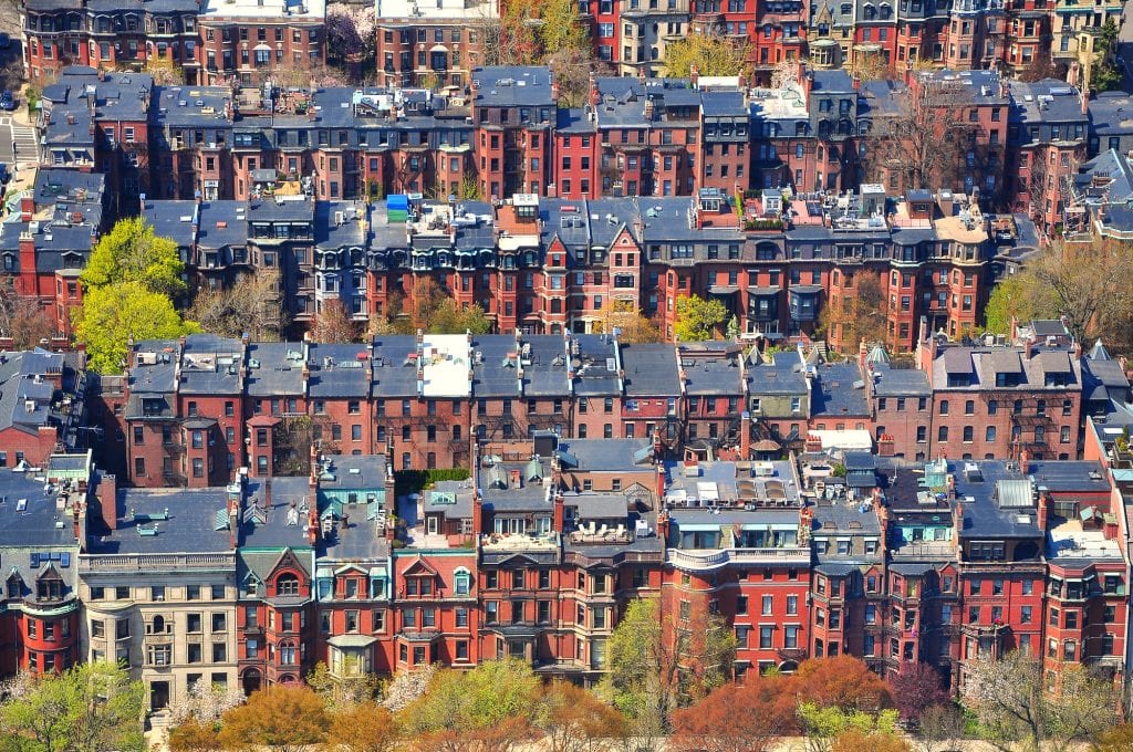 boston trip in october Rows and rows of brownstones in Back Bay shot from the air.