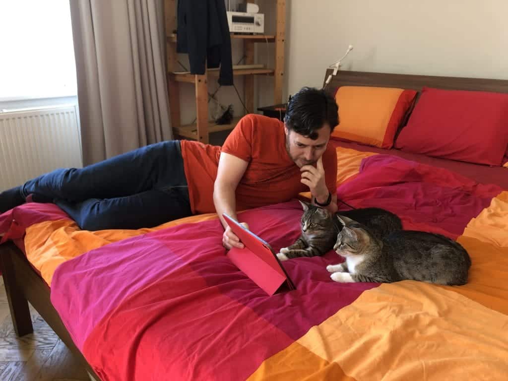 Charlie lays on a bed covered with a red, pink, and orange blocked bedspread (ugh, I hate that bedspread but it was laundry day), holding an iPad. Lewis and Murray the cats sit in front of the iPad, watching it intently.