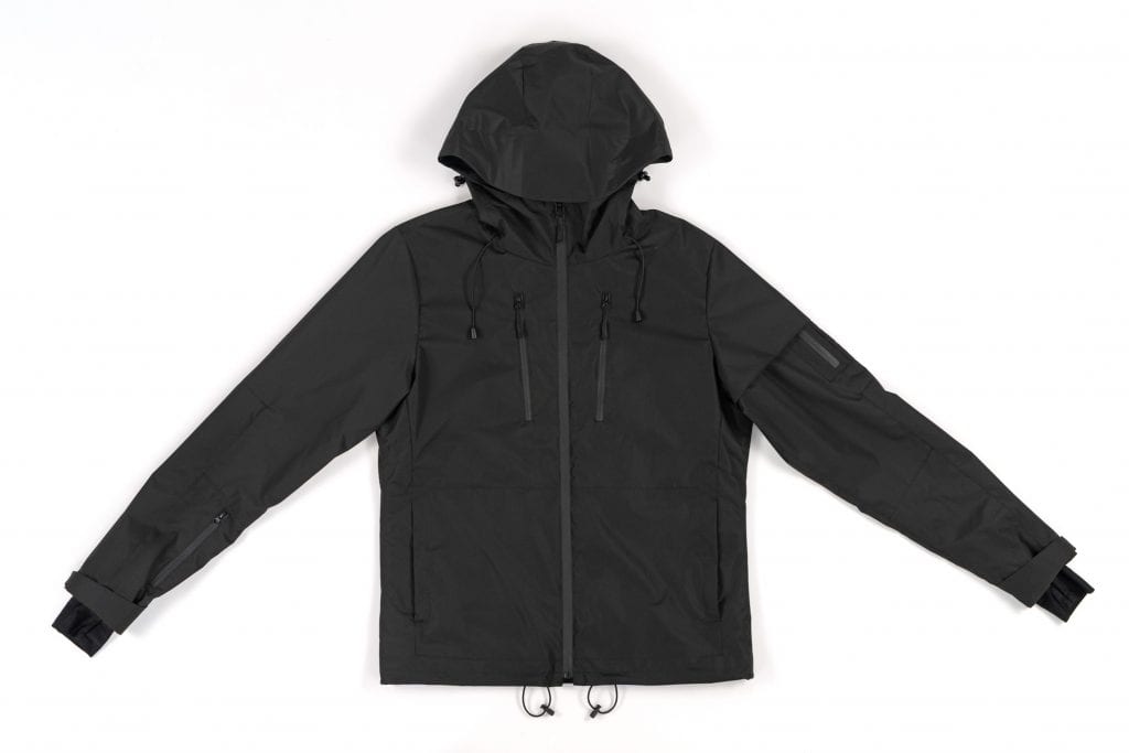 A black Gamma jacket: it's made of graphene, it has a hood, and it has pockets and straps that can adjust to your body.