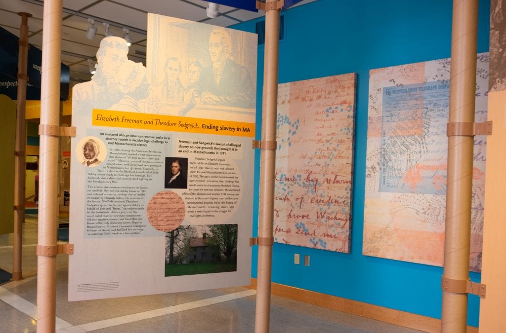 A placard at the Berkshire Museum about Elizabeth Freeman and Theodore Sedgwick labeled Ending slavery in Massachusetts.