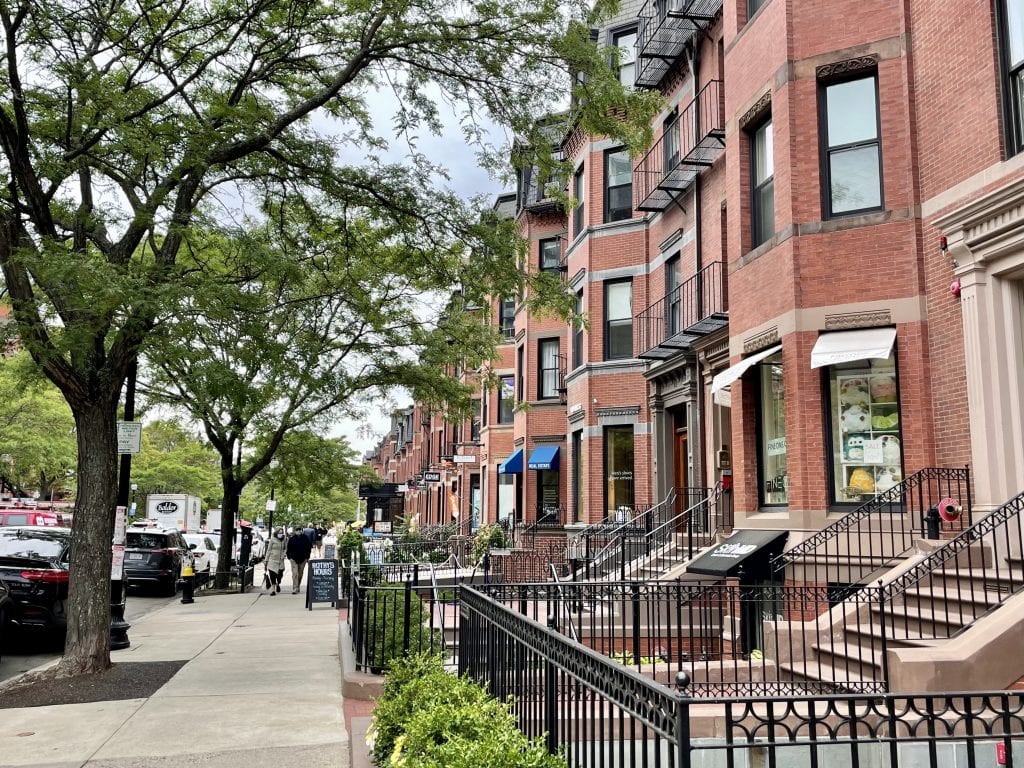 Newbury Street in Boston: rows of brick brownstones filled with small boutiques.