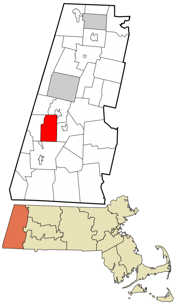 A map of Berkshire county, showing that it's the westernmost county in Massachusetts.