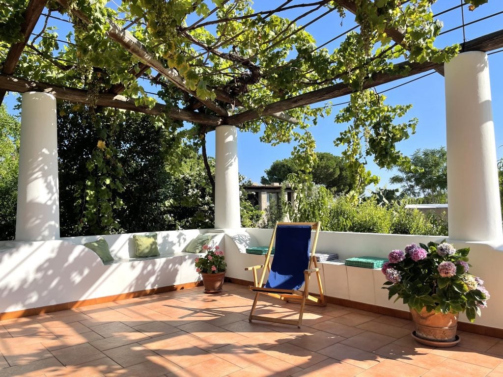 A terrace with benches and a lounge chair at Agriturismo Solemare, the top of it a trellis covered with Malvasia grape vines.