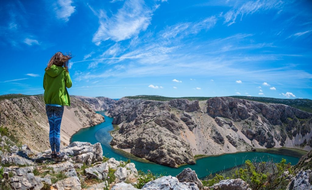 A woman in hiking pants and a green jacket stands overlooking a deep gray canyon, a green river snaking through it.