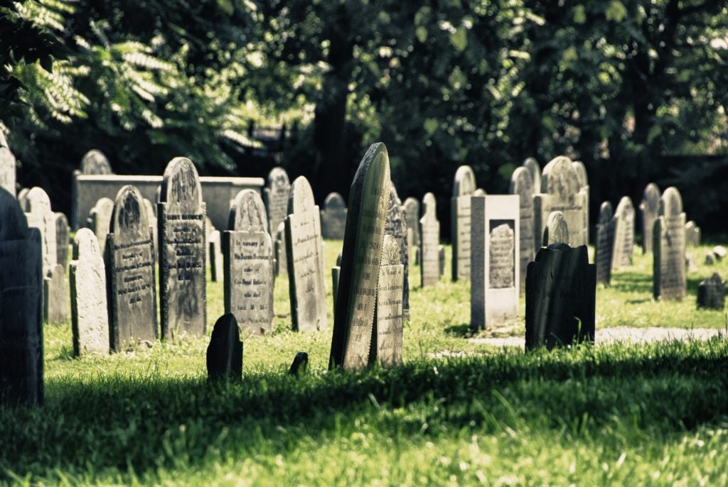 Thin rounded gravestones in a graveyard, sticking out at odd angles.
