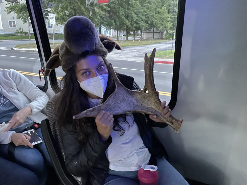 Kate on her moose tour, wearing a plush moose hat, a face mask, and holding a giant moose antler.