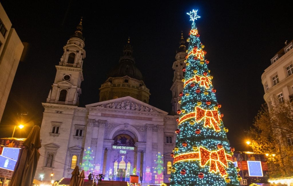 An evening shot of a Christmas tree covered with lots of lights in front of St. Stephen's Cathedral, which has images of nutcrackers and Christmas trees projected onto it.