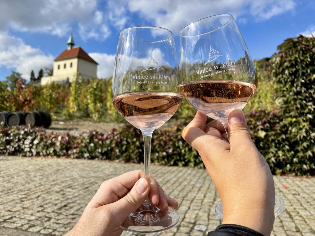 Two glasses of rose wine clinking in front of a garden in Prague.