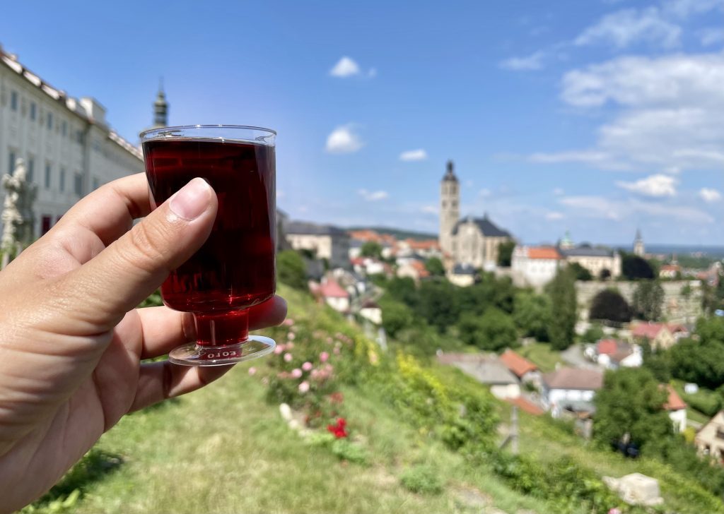 Kate's hand holds a small glass of wine the size of a shot glass, with the Kutna Hora city skyline in the background.