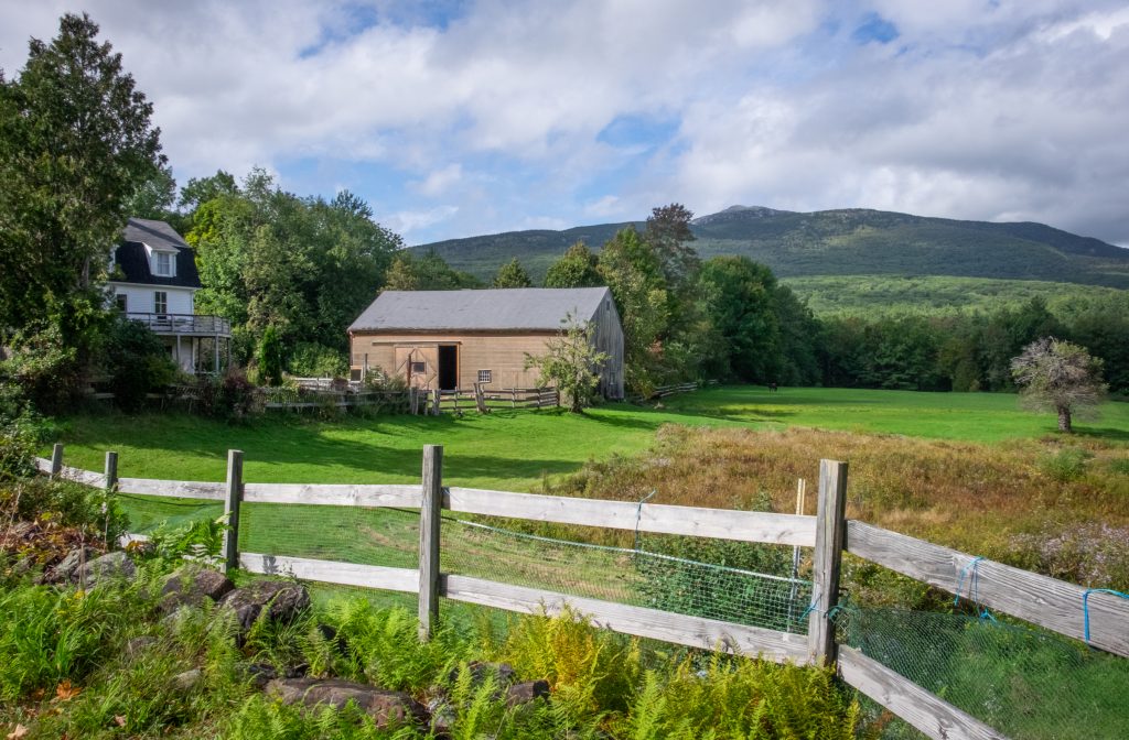 A farmhouse and barn behind a fence, a green mountain in the background.