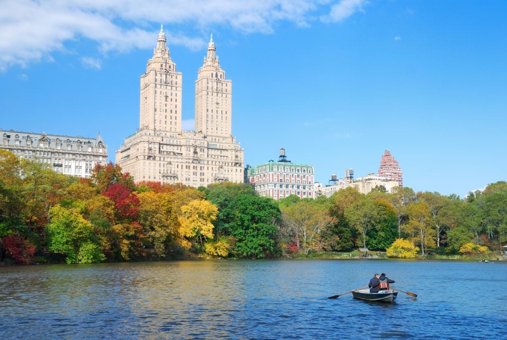 A view of the pond in Central Park, two people rowing a rowboat, and in the background bright yellow and red trees against a skyline.