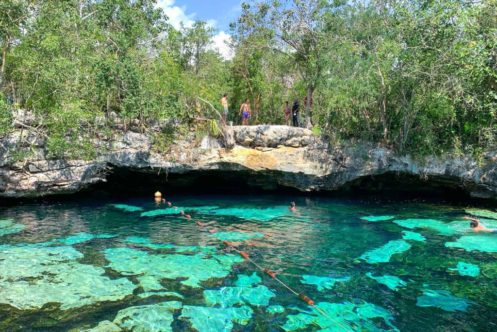 A cave top edging over a bright turquoise and teal almost spotted cenote.