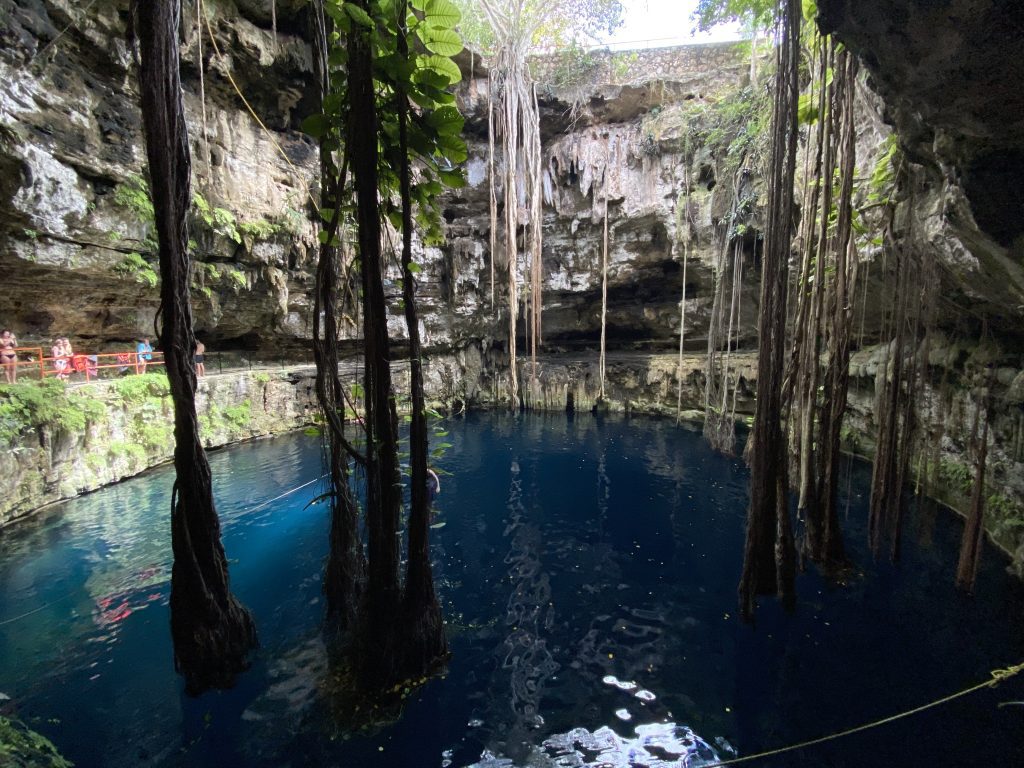 A large circular cenote with dark blue water, cave walls, and vines hanging inside it.