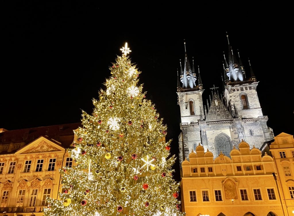 Prague's Christmas tree list up at night, a cathedral behind it.