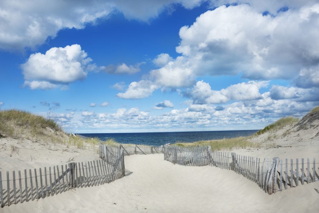 A sandy path to Race Point Beach between two sand dunes marked off with fences.