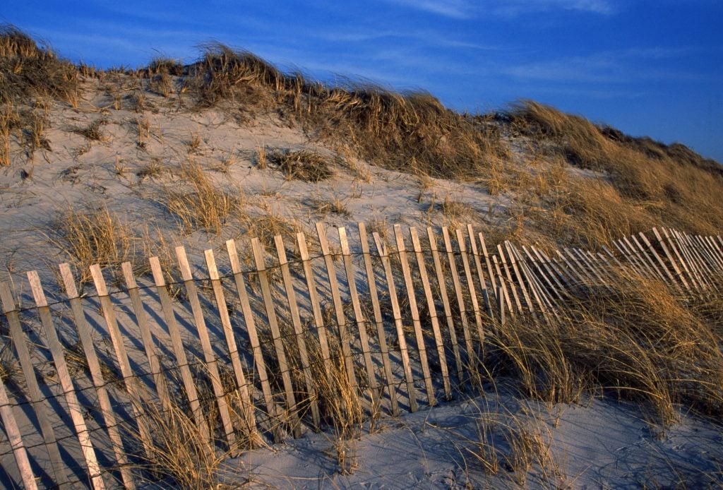 A fence along a sand dune, lit up with warm colors at sunset.