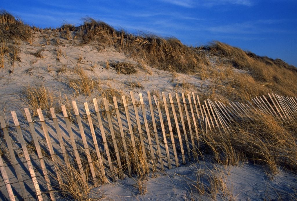 A fence along a sand dune, lit up with warm colors at sunset.