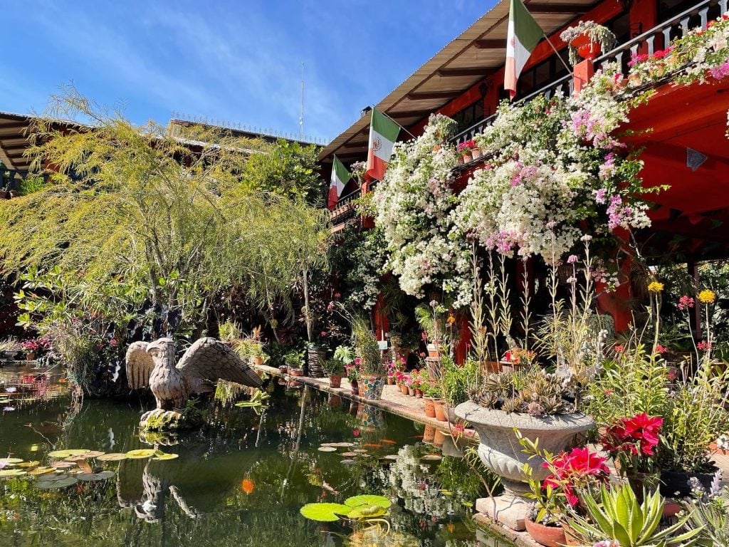 At the botanical gardens, a small green pool with a large bird statue next to a bright red building with Mexico flags and tons and tons of flowers hanging off of it.