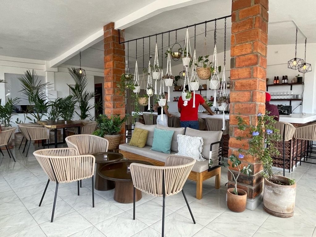 A well-designed wine bar, with small plants hanging in white fabric carriers, tall brick columns, lots of green fanned plants, and modern chairs that look like they're made with narrow woven strips of leather.