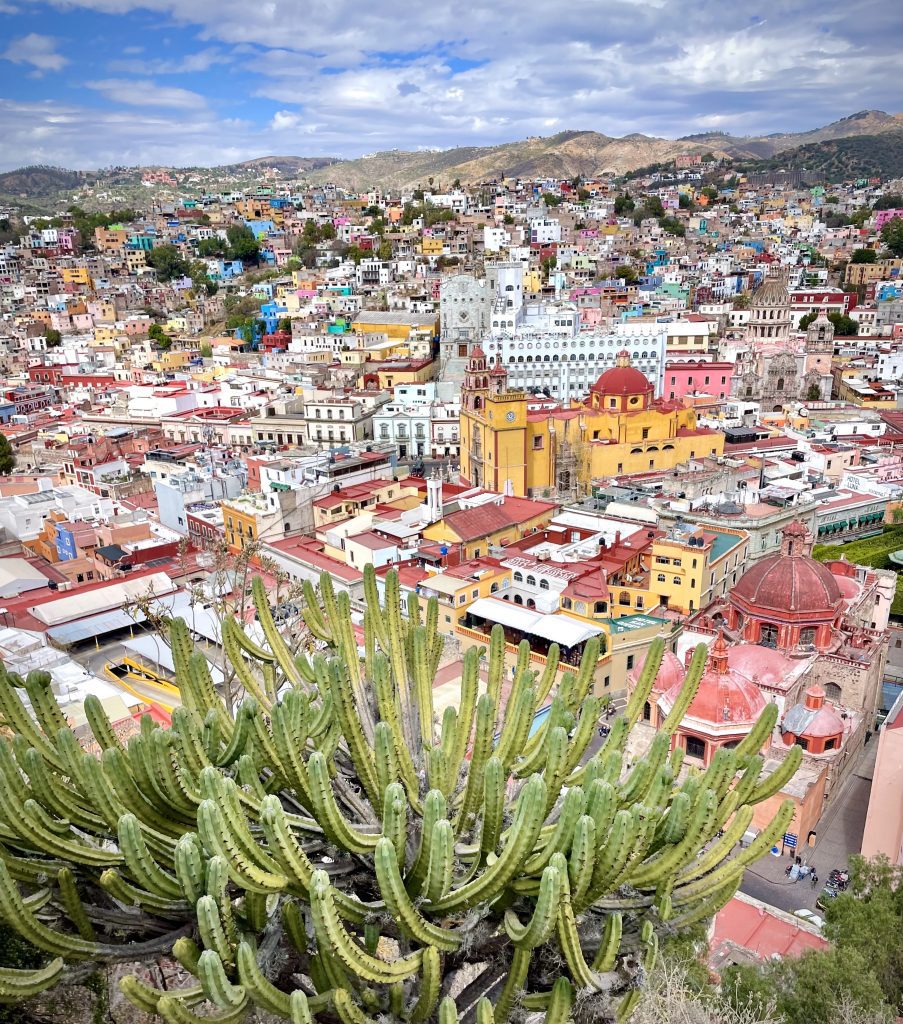 The landscape of Guanajuato: hills and a valley between mountains, filled with tons of square buildings in flashes of different colors: yellows, blues, pinks. A big yellow and red church in the center. At the bottom is a large, blossoming cactus plant; the optical illusion makes it look like the cactus is holding the city in its hands.