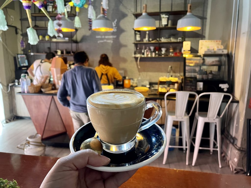 A hand holding up a perfect coffee in front of a cafe counter.