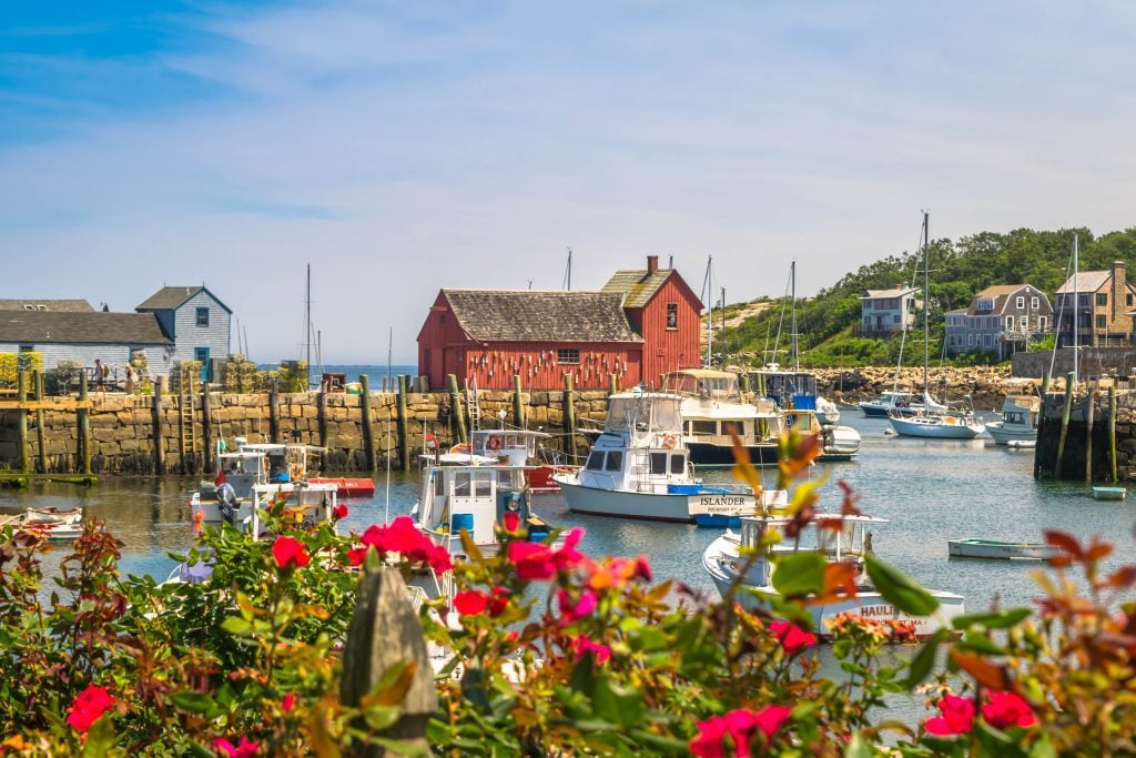 A bright red fishing shack on a stone pier, surrounded by boats in the water, bright red flowers in the foreground.