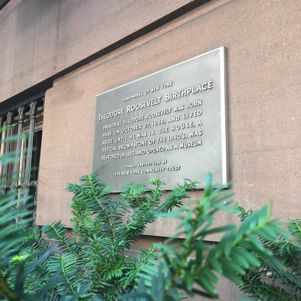 A metal plaque on a brownstone building reading Theodore Roosevelt Birthplace.