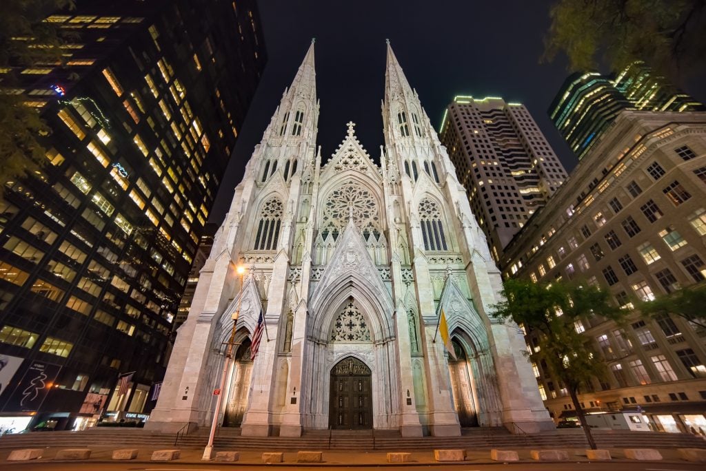 St. Patrick's Cathedral lit up at night