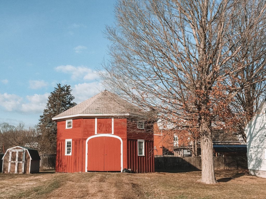 A round red barn building with a tree with fallen leaves next to it