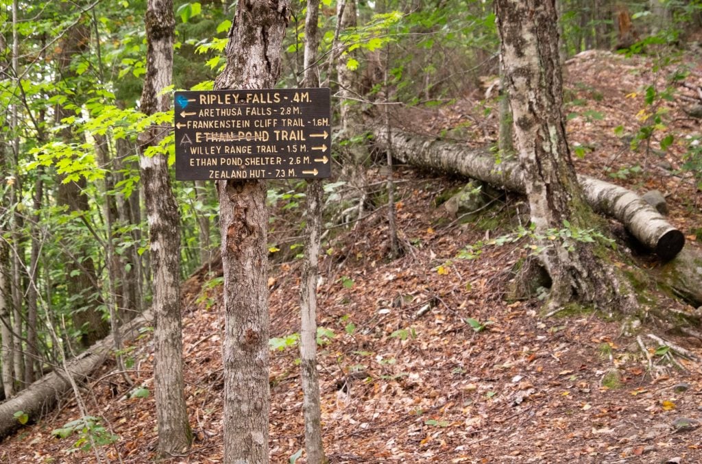 A sign in a forest directing people to Ripley Falls, Arethusa Falls, and various hiking trails.