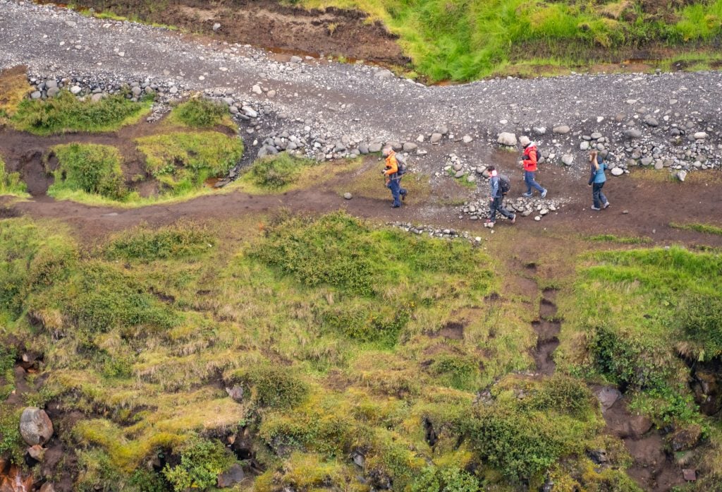 Four hikers in colorful coats hiking along a muddy path.
