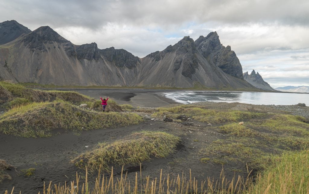 A tiny Kate in a pink coat perched among the black grassy sand dunes.