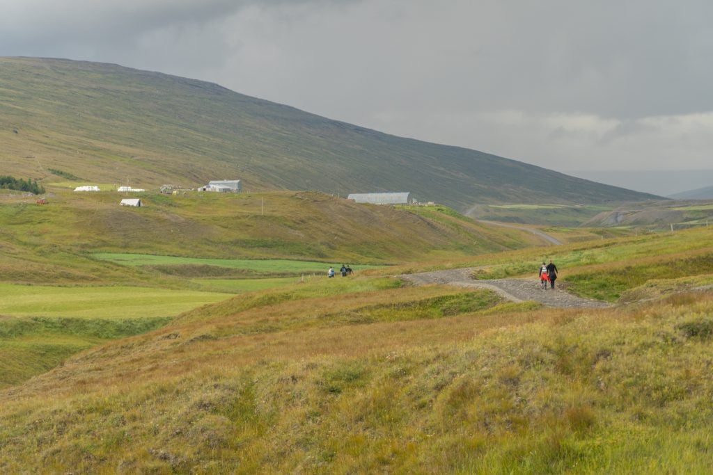 Hikers walking on a path through grassy green farmland.