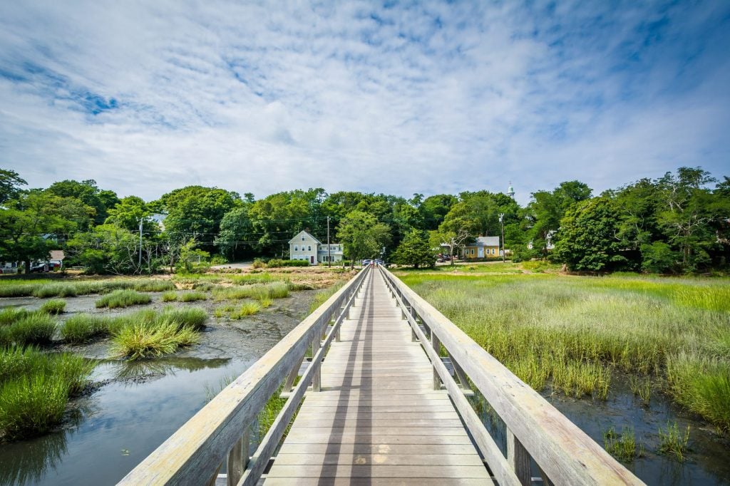 A wooden pathway along a marshy area leading to homes in the distance.