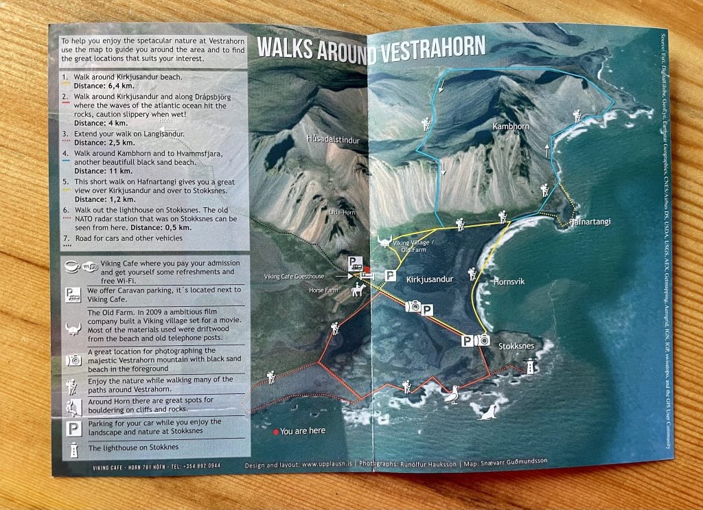 A map of Vestrahorn with hiking trails.
