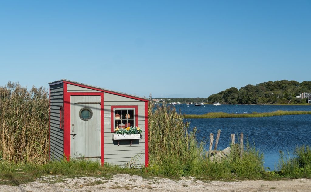 A tiny fishing shack set among tall grasses next to a beach.