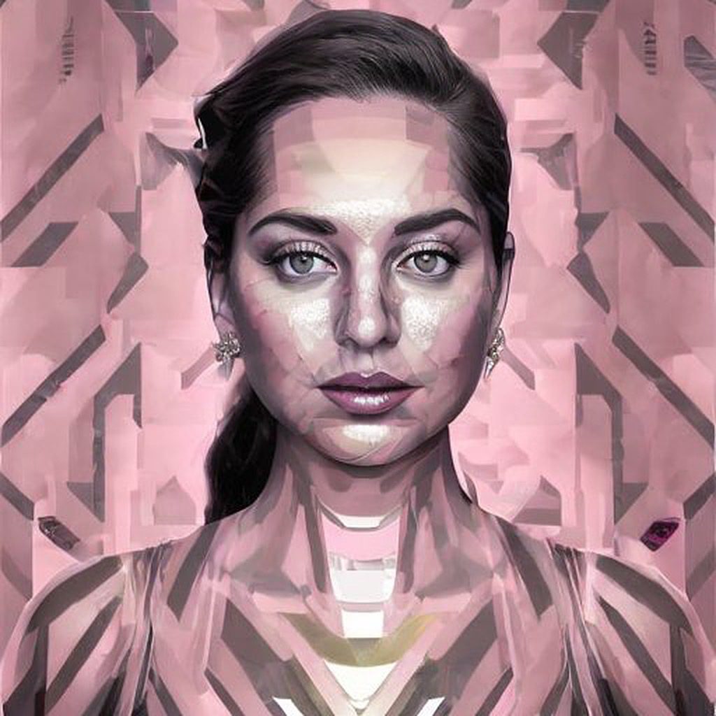 An AI-generated image of Kate's face covered with pink geometric shapes, Picasso style.