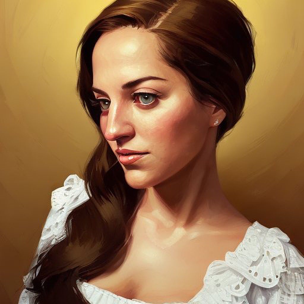 An AI-generated image of Kate in a white blouse, her hair pulled to one side, looking placidly ahead.